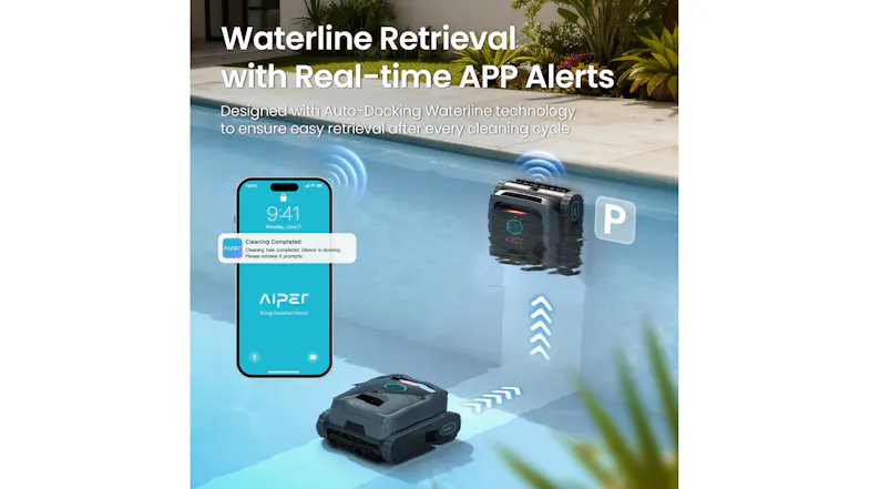 App alert feature graphic showing a smartphone connected to the Aiper Scuba V3 App alert feature graphic showing a smartphone connected to the Aiper Scuba V3