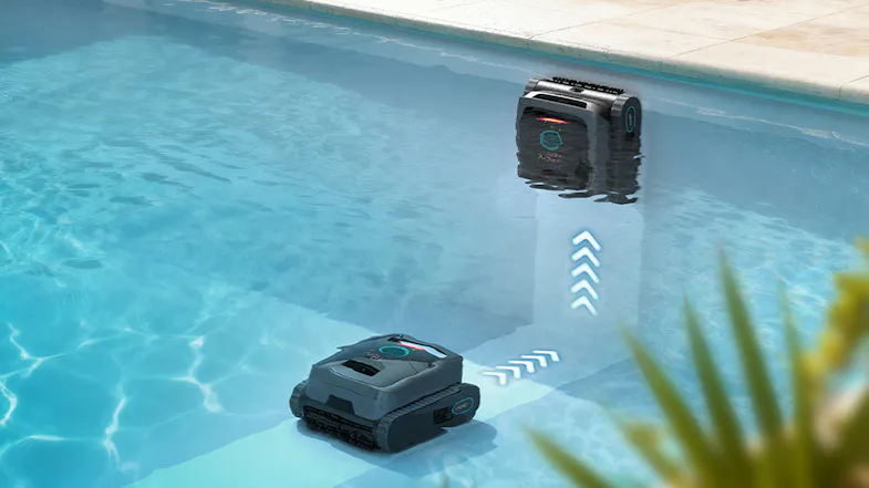 Aiper Scuba V3 approaching the pool wall for retrieval, illustrating automatic waterline parking Aiper Scuba V3 approaching the pool wall for retrieval, illustrating automatic waterline parking