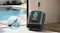 Robotic pool cleaner resting on a wireless charging dock beside a swimming pool Robotic pool cleaner resting on a wireless charging dock beside a swimming pool