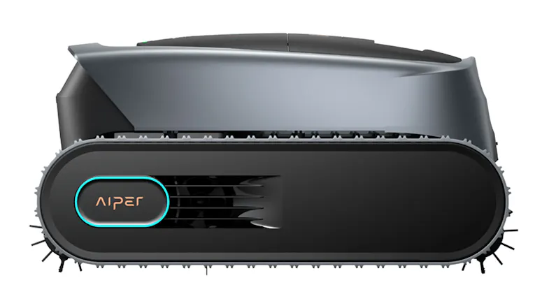 Left side profile of the robotic pool cleaner showing the continuous rubber track and streamlined body shape Left side profile of the robotic pool cleaner showing the continuous rubber track and streamlined body shape