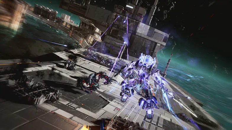 A gundam mecha fighting a couple of alien robots A gundam mecha fighting a couple of alien robots