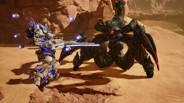 A mecha fighting an enemy in a desert landscape A mecha fighting an enemy in a desert landscape