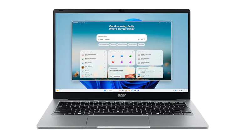 Front view of open silver Acer Aspire Lite laptop displaying Windows desktop interface Front view of open silver Acer Aspire Lite laptop displaying Windows desktop interface