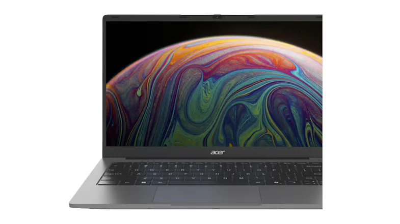 Front close-up of the silver laptop’s screen displaying colourful swirl wallpaper Front close-up of the silver laptop’s screen displaying colourful swirl wallpaper