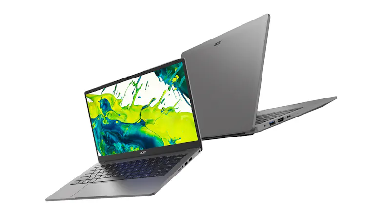 Two silver Acer Aspire Lite 14-inch laptops showing front display screen and back top lid design Two silver Acer Aspire Lite 14-inch laptops showing front display screen and back top lid design