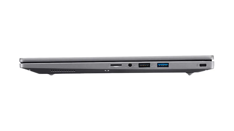 Close-up side profile of Aspire Lite laptop showing USB ports, audio jack, and SD card slot Close-up side profile of Aspire Lite laptop showing USB ports, audio jack, and SD card slot
