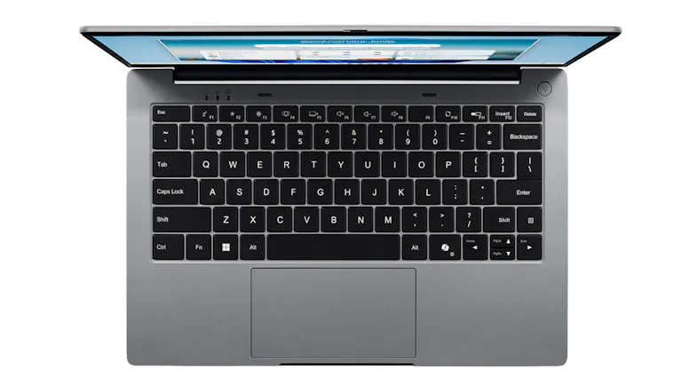 Top-down view of Acer 14-inch Laptop’s keyboard, power button, and trackpad Top-down view of Acer 14-inch Laptop’s keyboard, power button, and trackpad