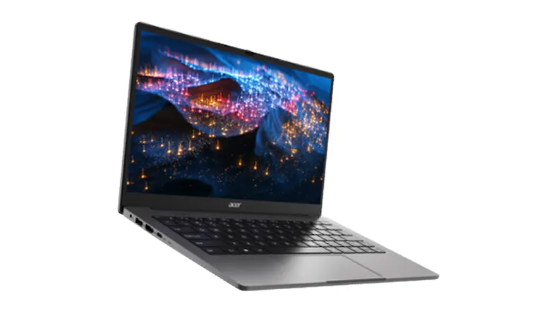 Dynamic angled view of open silver Acer laptop displaying colorful lit wallpaper Dynamic angled view of open silver Acer laptop displaying colorful lit wallpaper