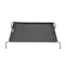 Front view of grey raised pet cot with mesh sleeping platform and sturdy metal legs Front view of grey raised pet cot with mesh sleeping platform and sturdy metal legs
