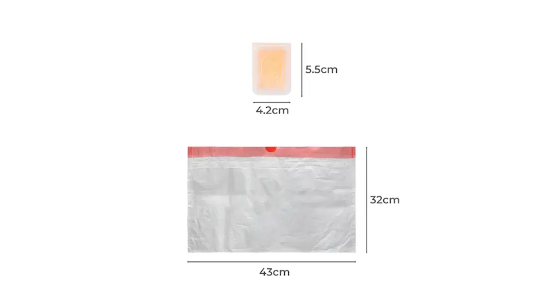 PaWz Cat Litter Box Bag size guide showing a 43cm x 32cm bag and 5.5cm x 4.2cm deodoriser tablet dimensions PaWz Cat Litter Box Bag size guide showing a 43cm x 32cm bag and 5.5cm x 4.2cm deodoriser tablet dimensions