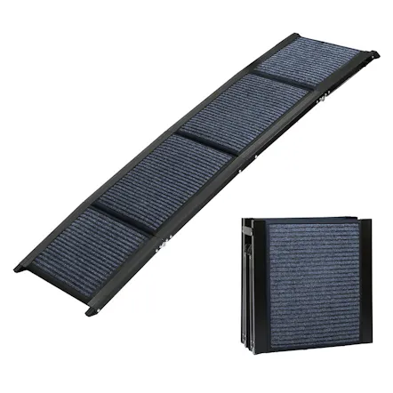 Side view of the Black PaWz Folding Dog Mobility Ramp with Grip and a textured blue walking surface, shown extended and folded Side view of the Black PaWz Folding Dog Mobility Ramp with Grip and a textured blue walking surface, shown extended and folded
