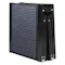 Side-angle view of a folded black pet ramp with a blue ribbed tread surface Side-angle view of a folded black pet ramp with a blue ribbed tread surface
