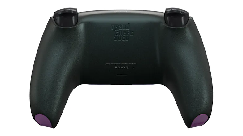 Rear view of the controller showing smooth white back and purple accents Rear view of the controller showing smooth white back and purple accents