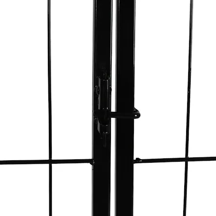 Close-up view of black PaWz metal pet pen door latch with wire mesh panel and vertical frame bars Close-up view of black PaWz metal pet pen door latch with wire mesh panel and vertical frame bars