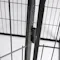 Angled close-up of black textured metal pet pen hinge connecting wire mesh gate panels Angled close-up of black textured metal pet pen hinge connecting wire mesh gate panels