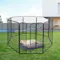 Angled front view of black PaWz metal pet playpen with an open gate and wire mesh panels on a grass lawn Angled front view of black PaWz metal pet playpen with an open gate and wire mesh panels on a grass lawn