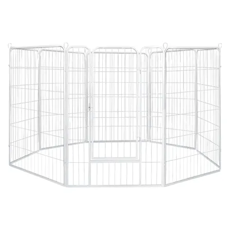 White PaWz Modular Metal Pet Containment Pen with Gate playpen set up in an octagonal shape, featuring a built-in step-through door with a latch White PaWz Modular Metal Pet Containment Pen with Gate playpen set up in an octagonal shape, featuring a built-in step-through door with a latch
