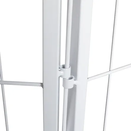 Close-up view of a white metal pet playpen hinge connection between wire mesh panels Close-up view of a white metal pet playpen hinge connection between wire mesh panels