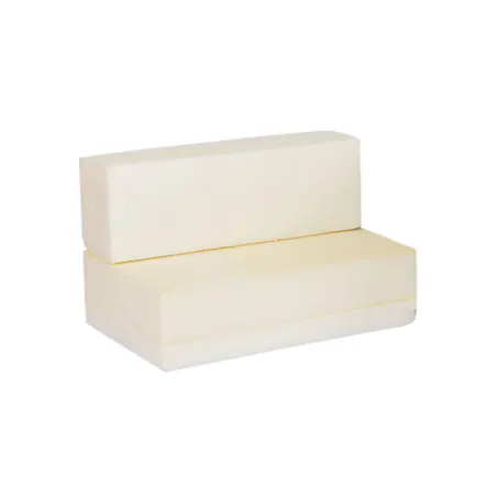 Angled view of grey PaWz foam mattress layers stacked with a white support base and rectangular design Angled view of grey PaWz foam mattress layers stacked with a white support base and rectangular design