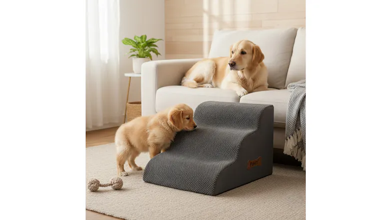 Golden Retriever puppy using grey three-step foam pet stairs next to an adult Golden Retriever lying on a couch Golden Retriever puppy using grey three-step foam pet stairs next to an adult Golden Retriever lying on a couch
