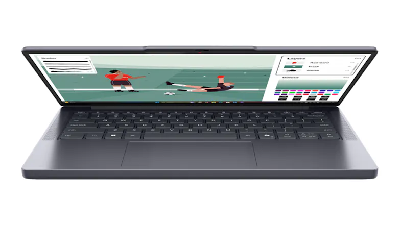 Low front view of the Lenovo IdeaPad Slim 3 slightly open, displaying the keyboard and touchpad Low front view of the Lenovo IdeaPad Slim 3 slightly open, displaying the keyboard and touchpad