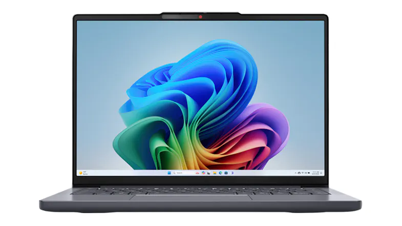 Straight-on front view of the laptop open, featuring a colourful Windows wallpaper and narrow bezels Straight-on front view of the laptop open, featuring a colourful Windows wallpaper and narrow bezels