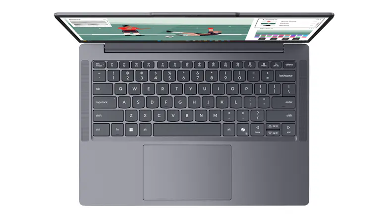 Top-down view of the Lenovo IdeaPad Slim 3 open, showcasing the keyboard layout and spacious touchpad Top-down view of the Lenovo IdeaPad Slim 3 open, showcasing the keyboard layout and spacious touchpad