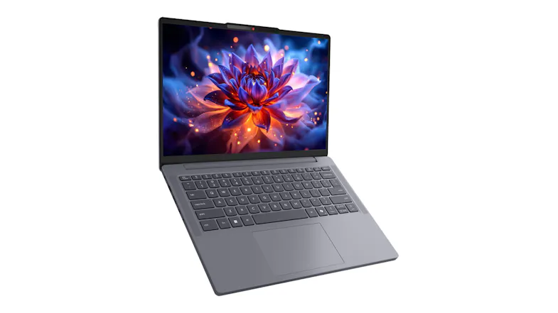 High-angle front three-quarter view of the Lenovo IdeaPad Slim 3, highlighting the Luna Grey chassis High-angle front three-quarter view of the Lenovo IdeaPad Slim 3, highlighting the Luna Grey chassis