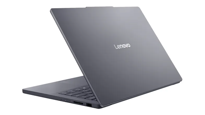 Rear three-quarter view of the closed Lenovo laptop, highlighting the slim Luna Grey chassis Rear three-quarter view of the closed Lenovo laptop, highlighting the slim Luna Grey chassis