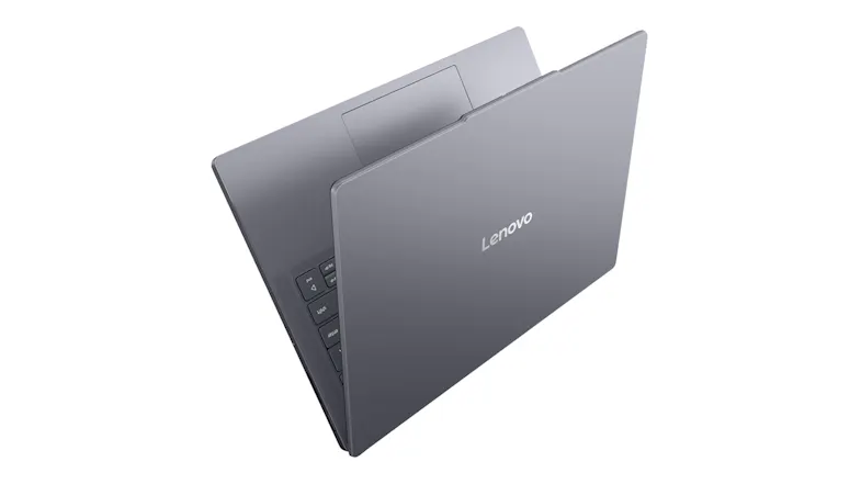 Rear angled view of the laptop partially closed, showcasing the clean lid design and thin profile Rear angled view of the laptop partially closed, showcasing the clean lid design and thin profile