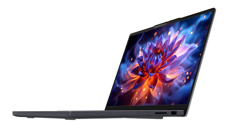 Side profile view of the laptop open, highlighting the slim chassis, display hinge and keyboard layout Side profile view of the laptop open, highlighting the slim chassis, display hinge and keyboard layout