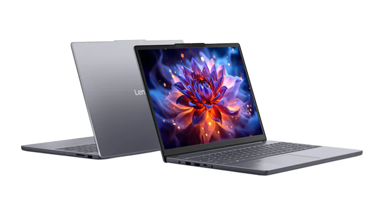 Rear three-quarter view of the Lenovo IdeaPad Slim 3 open, showing the Luna Grey exterior and vivid display Rear three-quarter view of the Lenovo IdeaPad Slim 3 open, showing the Luna Grey exterior and vivid display