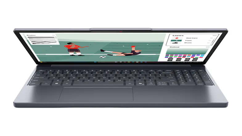 Low front view of the Lenovo IdeaPad Slim 3 slightly open, displaying the keyboard and touchpad Low front view of the Lenovo IdeaPad Slim 3 slightly open, displaying the keyboard and touchpad