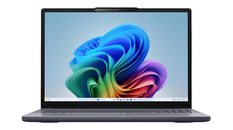 Straight-on front view of the laptop open, featuring a colourful Windows wallpaper and narrow bezels Straight-on front view of the laptop open, featuring a colourful Windows wallpaper and narrow bezels