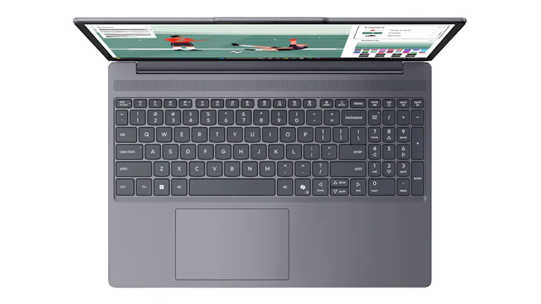 Top-down view of the Lenovo IdeaPad Slim 3 open, showcasing the keyboard layout and spacious touchpad Top-down view of the Lenovo IdeaPad Slim 3 open, showcasing the keyboard layout and spacious touchpad