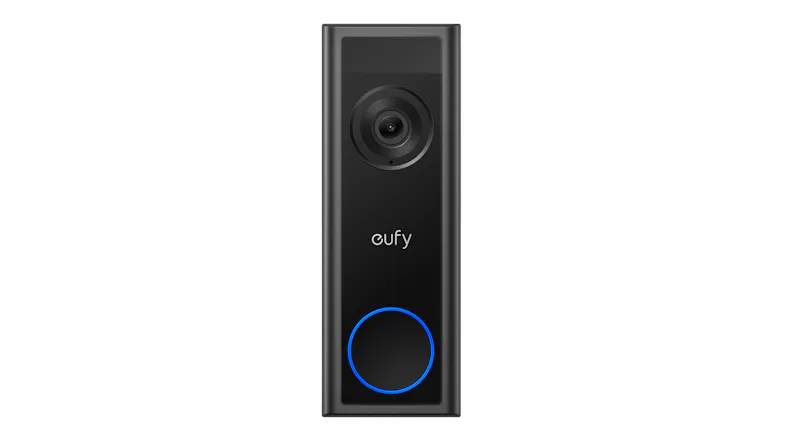 Front view of the video doorbell, highlighting the 2K camera lens, built-in sensors, slim vertical design Front view of the video doorbell, highlighting the 2K camera lens, built-in sensors, slim vertical design