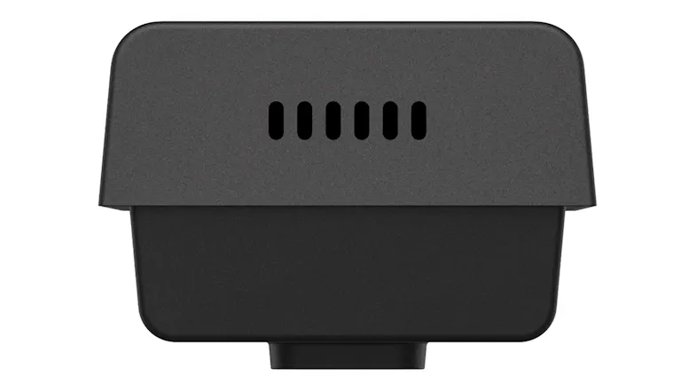 Close-up view of the included wireless chime unit, featuring the compact black housing and front speaker grille Close-up view of the included wireless chime unit, featuring the compact black housing and front speaker grille