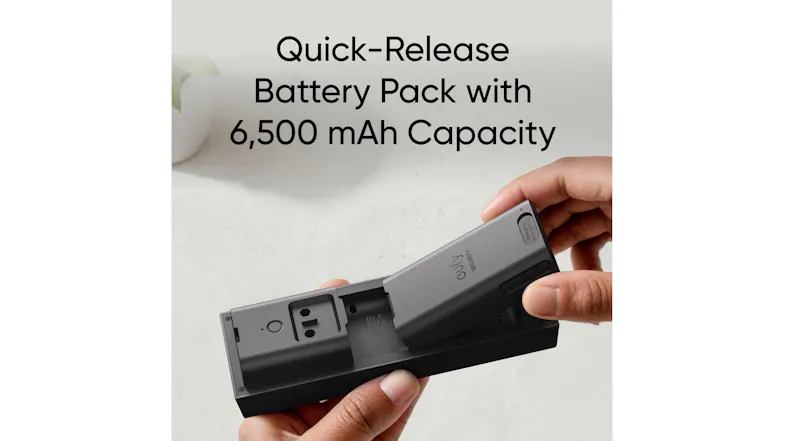 Quick-release battery pack feature graphic highlighting the removable 6,500mAh battery Quick-release battery pack feature graphic highlighting the removable 6,500mAh battery