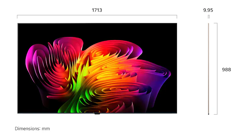 Dimension diagram of the LG 77-inch W6 OLED evo AI Wallpaper TV, showing screen measurements Dimension diagram of the LG 77-inch W6 OLED evo AI Wallpaper TV, showing screen measurements