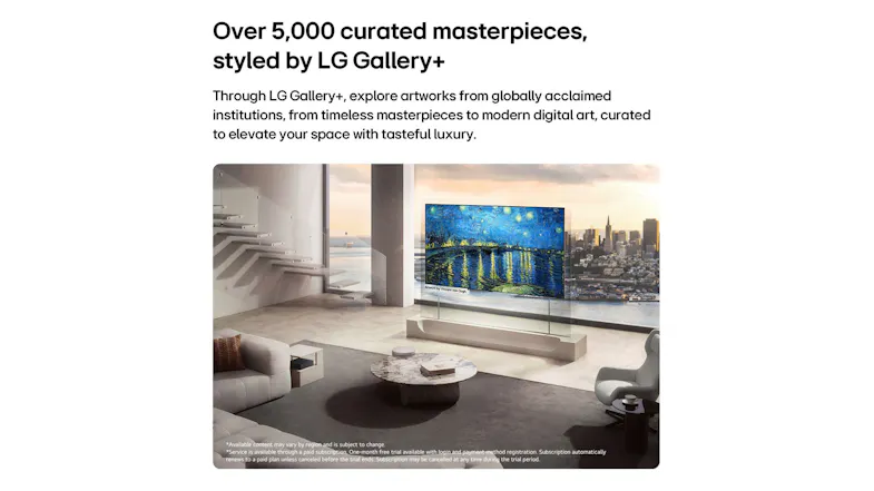 Lifestyle graphic highlighting LG Gallery+, showing the ultra-thin 77-inch TV mounted flush to a living room wall Lifestyle graphic highlighting LG Gallery+, showing the ultra-thin 77-inch TV mounted flush to a living room wall