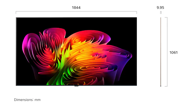 Dimension diagram of the LG 83-inch W6 OLED evo AI Wallpaper TV, showing screen measurements Dimension diagram of the LG 83-inch W6 OLED evo AI Wallpaper TV, showing screen measurements