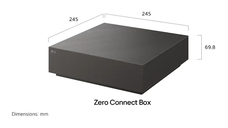 LG Zero Connect Box shown separately, highlighting the wireless connectivity hub LG Zero Connect Box shown separately, highlighting the wireless connectivity hub