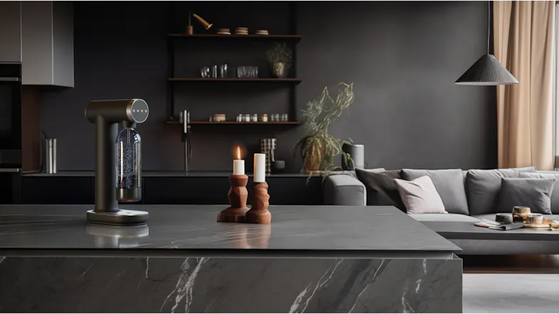 Wide kitchen lifestyle scene featuring the soda maker on a spacious island benchtop Wide kitchen lifestyle scene featuring the soda maker on a spacious island benchtop