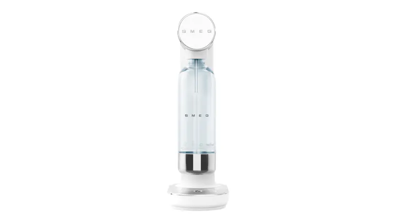 Front view of the Sparkling Water Maker with reusable bottle installed, showcasing the slim profile Front view of the Sparkling Water Maker with reusable bottle installed, showcasing the slim profile