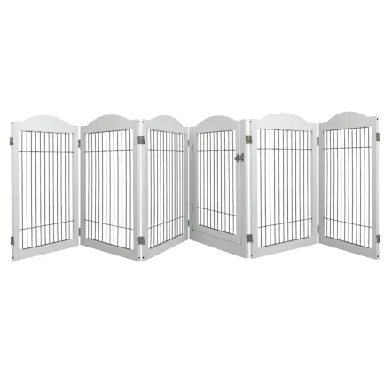 White PaWz 6-Panel Pet Playpen with Door, featuring six hinged panels, arched tops, black wire spindles, and an integrated walk-through door White PaWz 6-Panel Pet Playpen with Door, featuring six hinged panels, arched tops, black wire spindles, and an integrated walk-through door