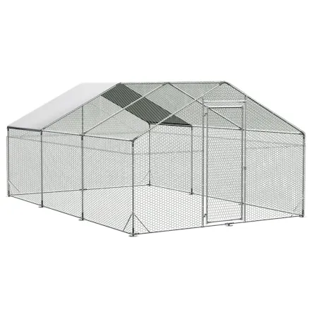 PaWz Large Outdoor Poultry Coop features a peaked roof frame covered with chicken wire mesh and a white partial tarp cover PaWz Large Outdoor Poultry Coop features a peaked roof frame covered with chicken wire mesh and a white partial tarp cover