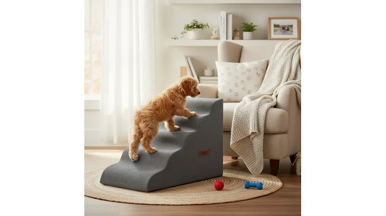 A dog climbing grey foam pet stairs toward a Siamese cat on a beige sofa in a sunlit living room A dog climbing grey foam pet stairs toward a Siamese cat on a beige sofa in a sunlit living room