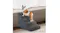 A dog standing on grey PaWz foam pet stairs positioned next to a low tan sofa on a textured living room rug A dog standing on grey PaWz foam pet stairs positioned next to a low tan sofa on a textured living room rug