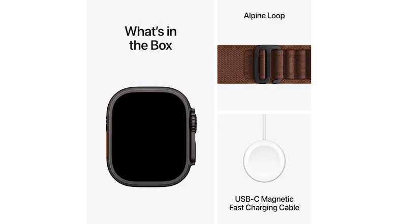 Apple Watch Ultra 4 box contents overview featuring the black titanium watch case Apple Watch Ultra 4 box contents overview featuring the black titanium watch case