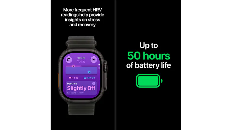 Apple Watch showcasing health and endurance features. The display highlights HRV-based stress and recovery insights Apple Watch showcasing health and endurance features. The display highlights HRV-based stress and recovery insights